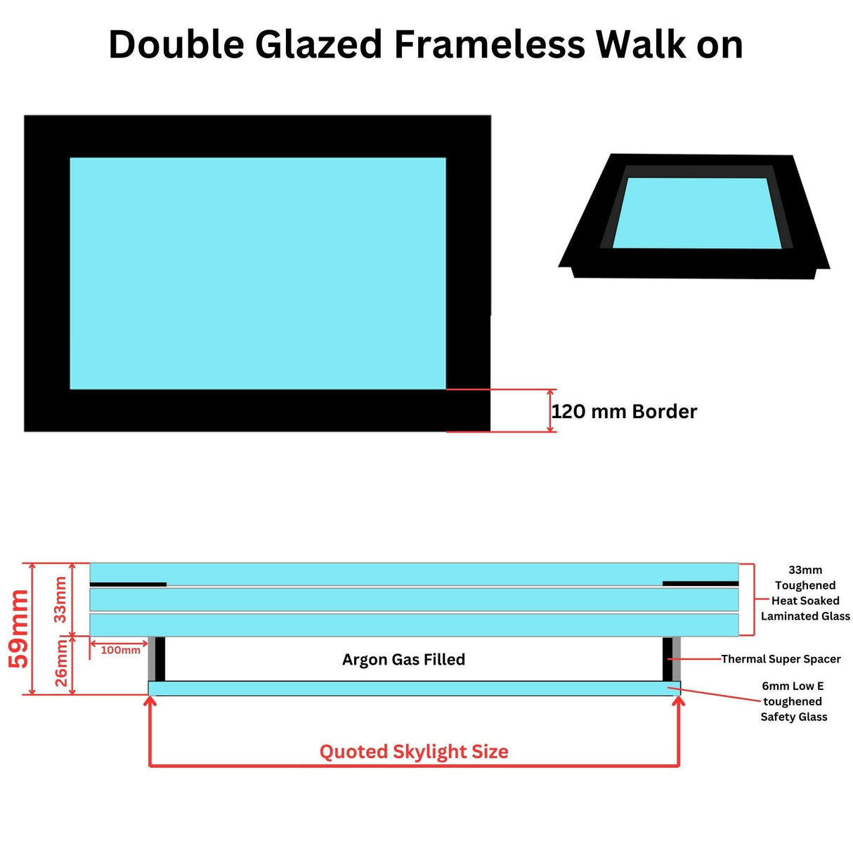 800 x 1200 mm Frameless Walk-on Skylight.