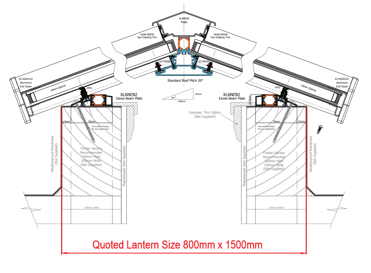 800 x 1500 mm Stratus Aluminium Roof Lantern Style 1 (Contemporary).