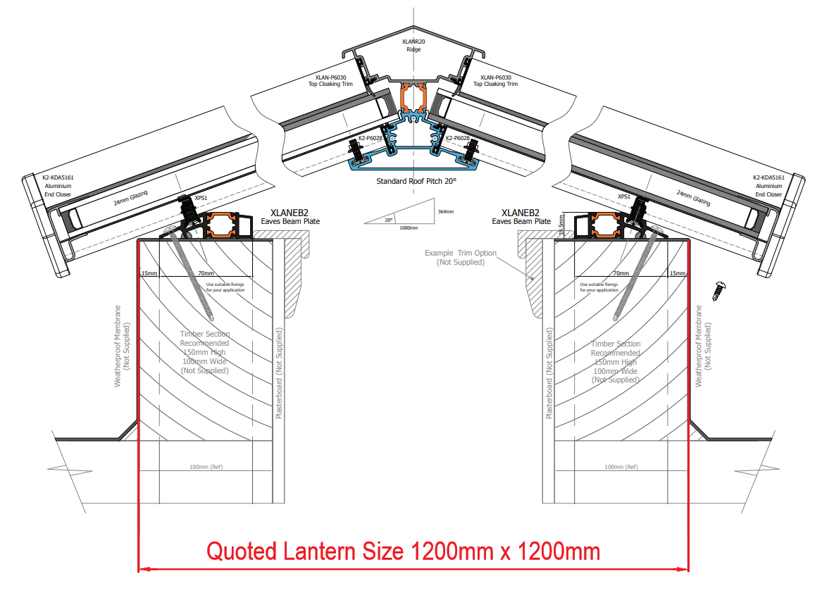 1200 x 1200 mm Stratus Aluminium Roof Lantern Style 8 (Pyramid).