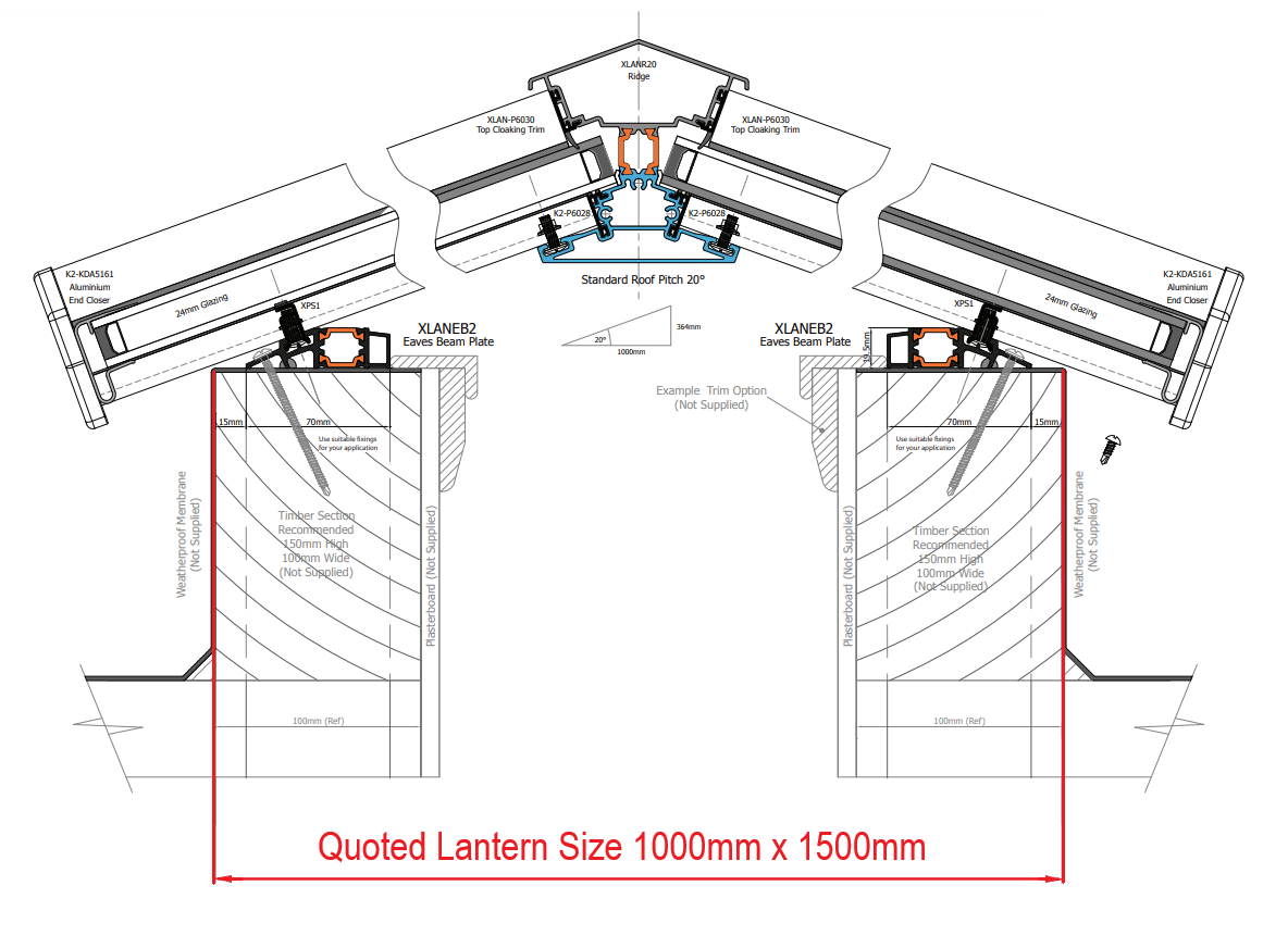 1000 x 1500 mm Stratus Aluminium Roof Lantern Style 1 (Contemporary).