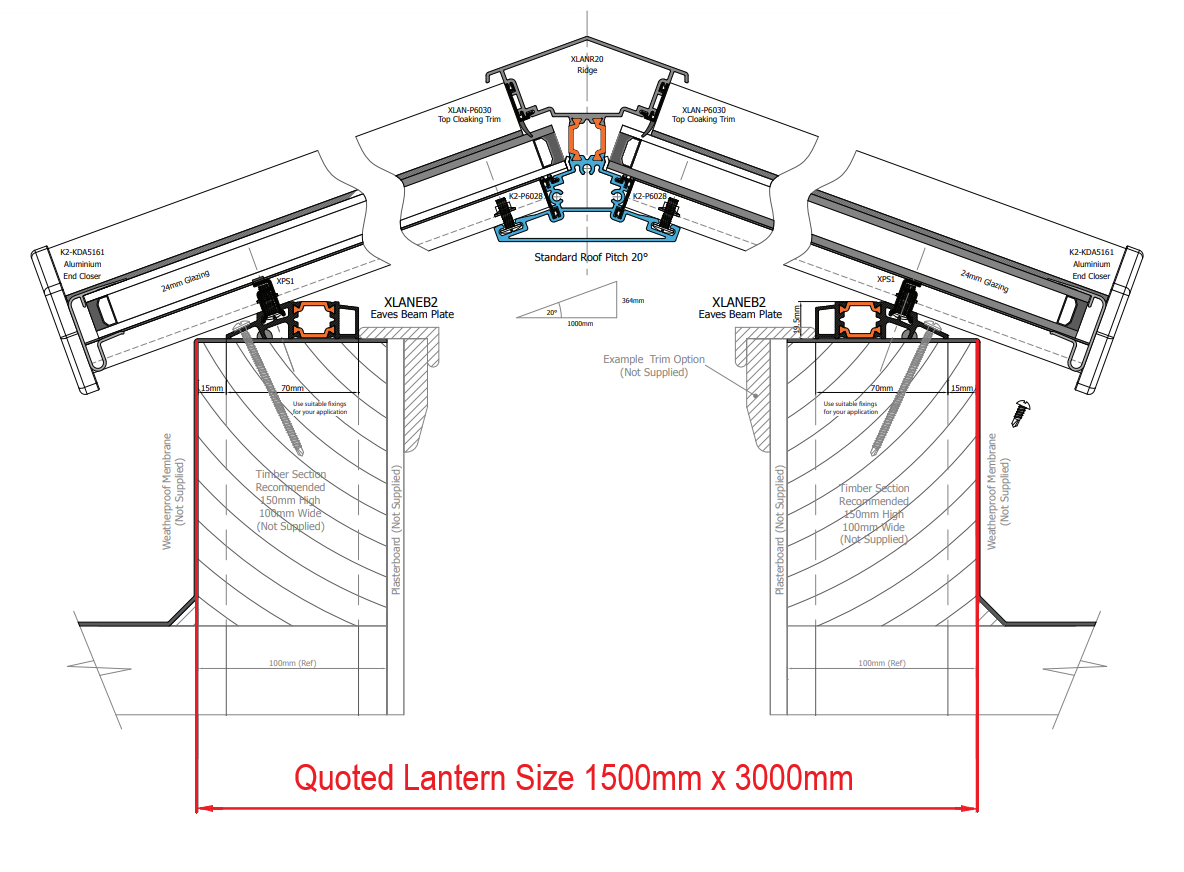 1500 x 3000 mm Stratus Aluminium Roof Lantern Style 1 (Contemporary).