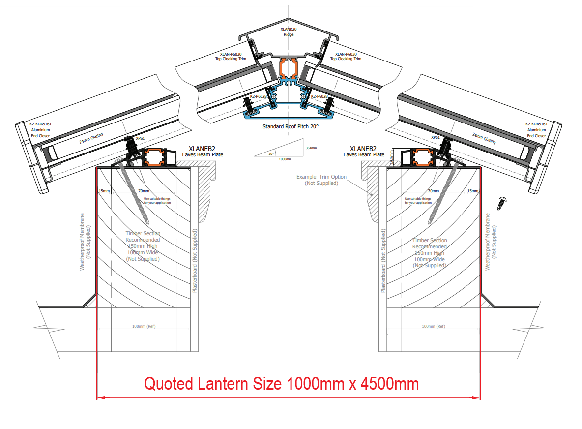1000 x 4500 mm Stratus Aluminium Roof Lantern Style 3 (Traditional).