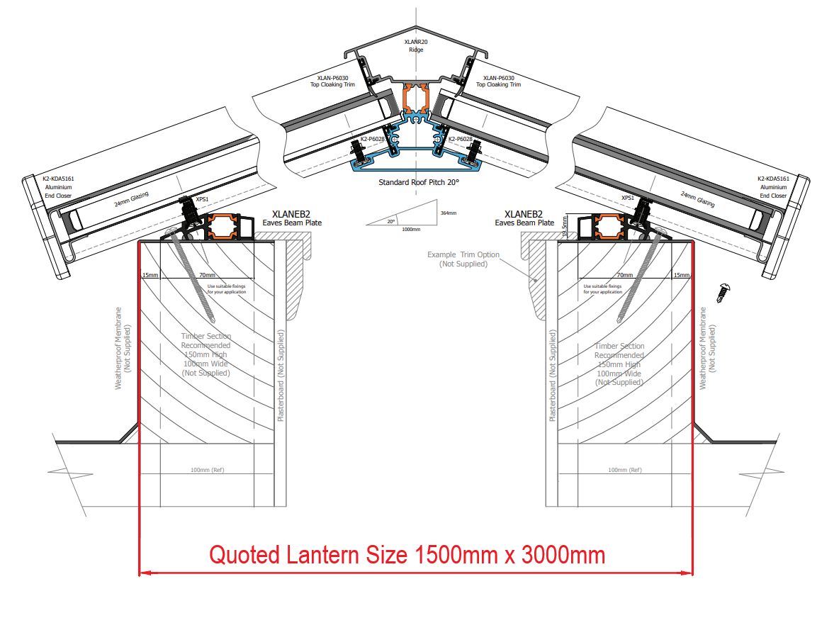 1500 x 3000 mm Stratus Aluminium Roof Lantern Style 3 (Traditional).