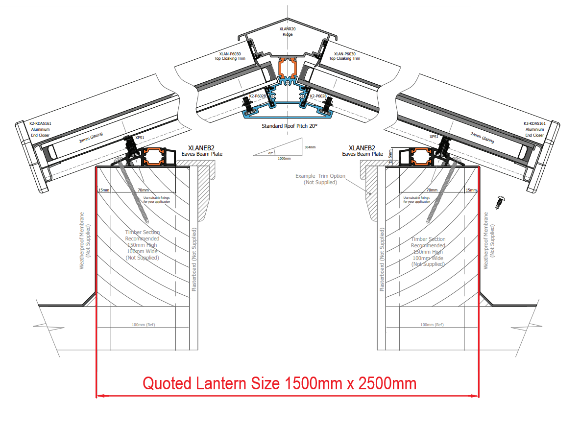 1500 x 2500 mm Stratus Aluminium Roof Lantern Style 5 (Traditional).